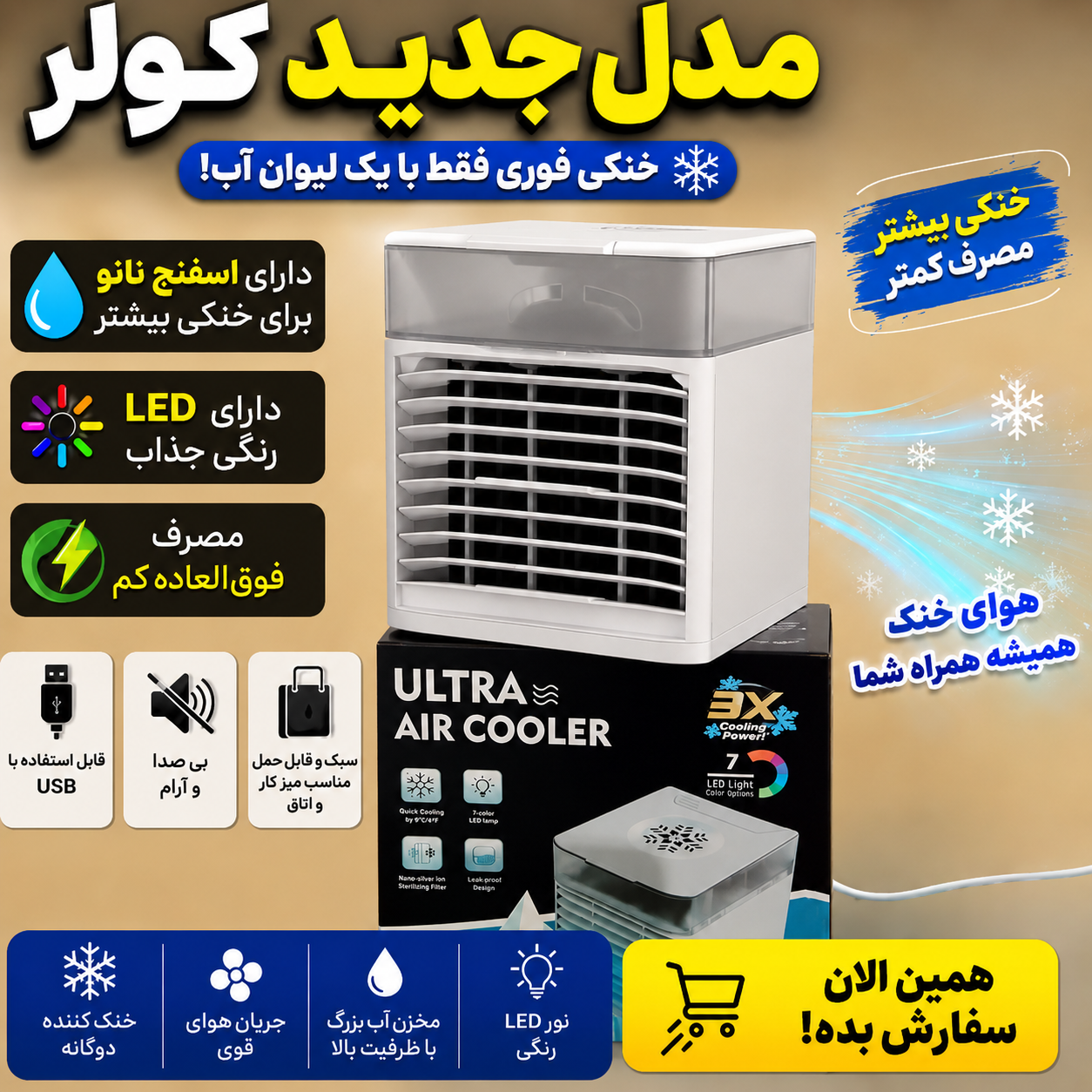 مینی کولر آبی مدل مدل.Ultra air cooler با خنک کنندگی دوگانه و اسفنج نانو جاذب